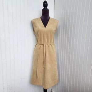 Vtg Posh Ultra Suede Beige Khaki Pencil Sheath Dress Pockets Sleveless V-Neck M